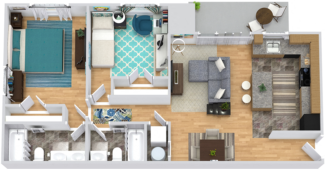 3D Mariner 2 bedroom apartment. Kitchen with island open to living-dining. full hall bath. 1 master bath. large closets.